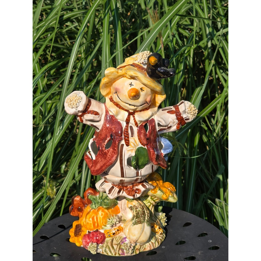 Autumn Harvest Ceramic Scarecrow Tea Light Candle Holder Fall Decor 10.5 Inch